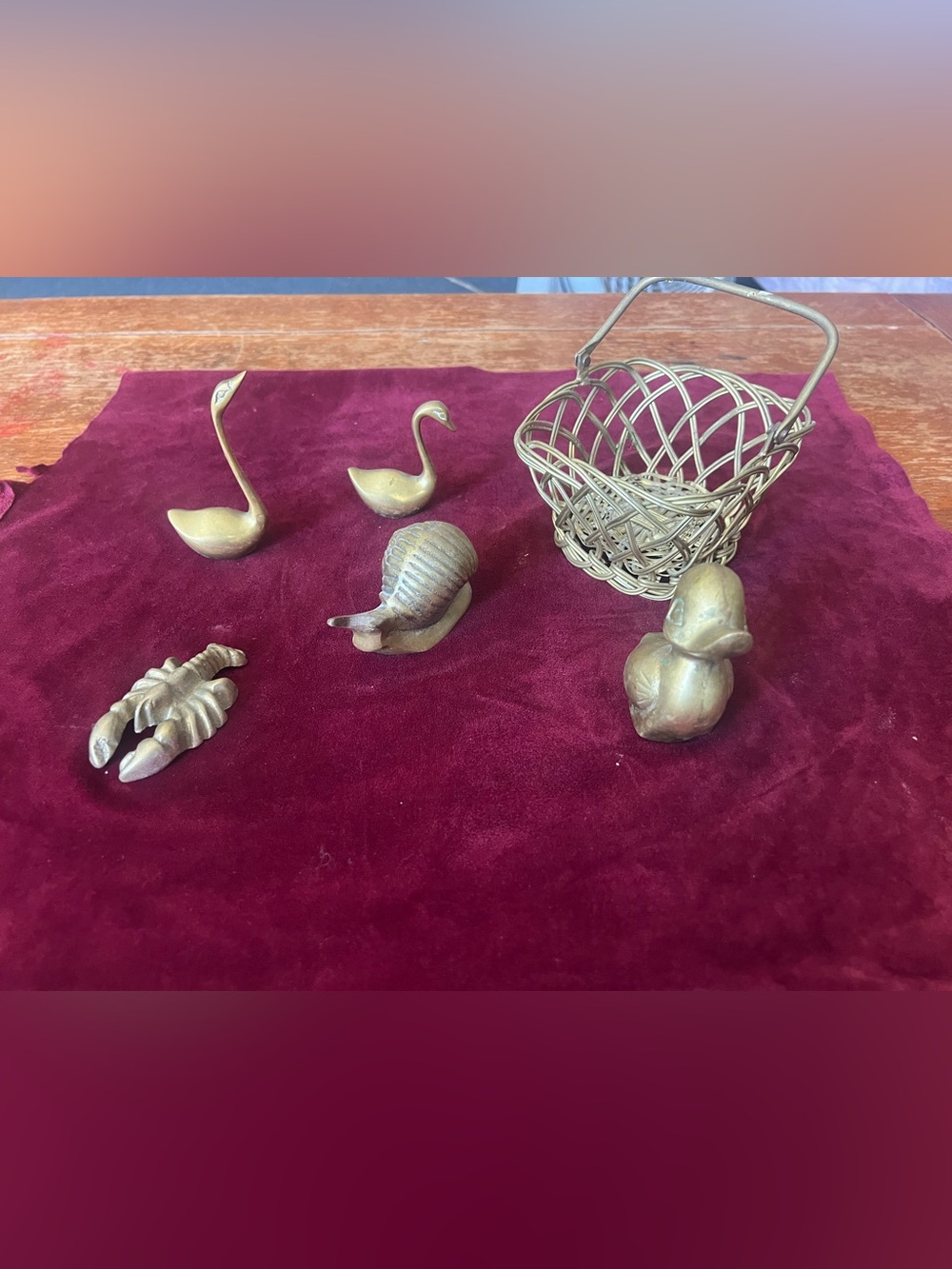 Brass Animal Figurine Set with Woven Basket - Brass Finish